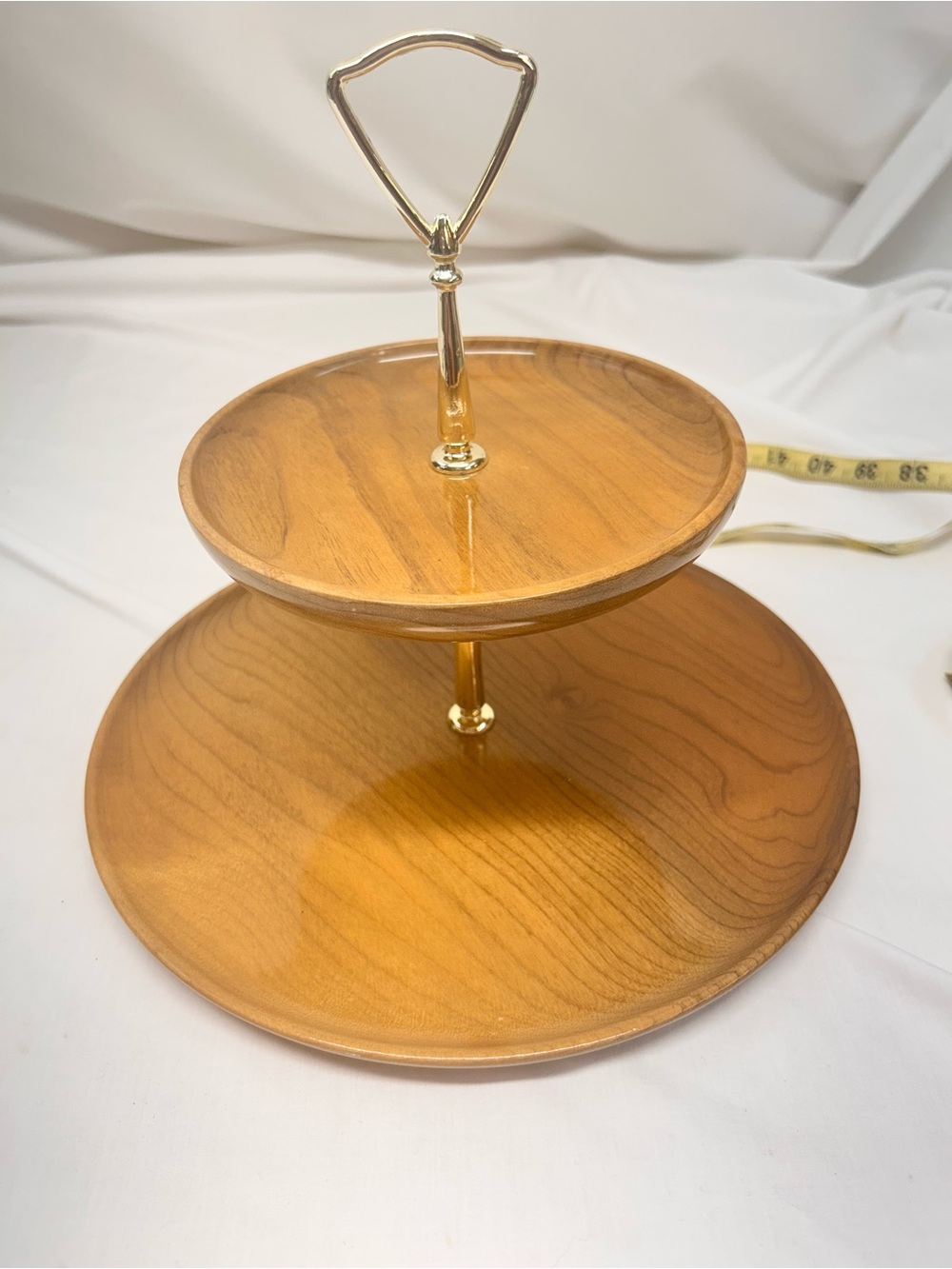 MCM “Hilltop” Oregon Myrtlewood Two-Tier Wood and Gold Serving Stand